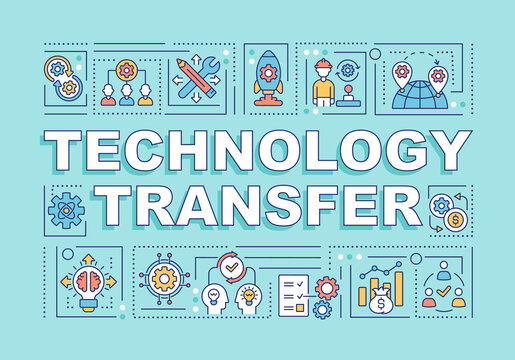 Technology transfer word concepts banner. Data dissemination process. Infographics with linear icons on turquoise background. Isolated creative typography. Vector outline color illustration with text