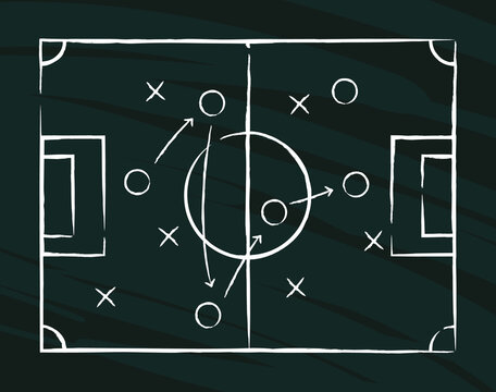 Soccer tactics scheme. Football gaming chalkboard tactics visualization strategies garish vector design picture
