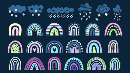 Obraz premium Rainbow collection. Clouds, colorful rainbows in scandinavian style. Childish baby vector elements