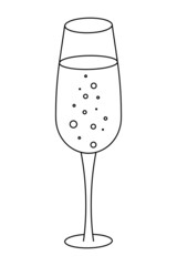 A glass of champagne. Sketch. Vector illustration. Crystal bowl with sparkling wine. Magic bubbles. Coloring book for children. Outlines on an isolated white background. Doodle style. Happy new year 