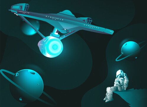 Futuristic space ship illustration with astronauts,planet and abstract sky