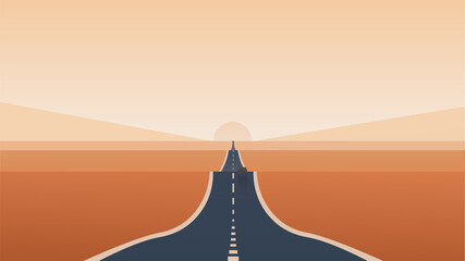 A small car drives through the endless desert expanses. An endless road stretching to the horizon.