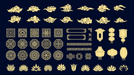 Chinese elements. Oriental ornaments, lanterns, asian korean clouds and lotus flowers vector set