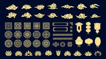 Fotobehang Chinese elements. Oriental ornaments, lanterns, asian korean clouds and lotus flowers vector set © ONYXprj