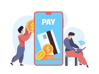 Mobile payments. Contactless pay, people with money and smartphone vector concept