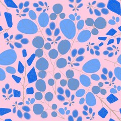 Seamless abstract pattern with blue flowers. Leaves with golden branches.