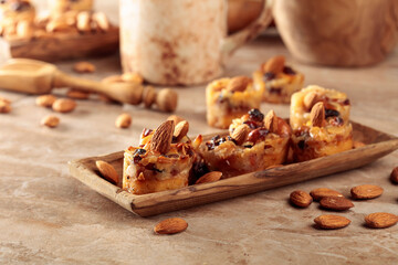 Small cakes with almonds, raisins, and honey.