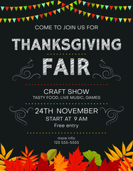 Thanksgiving fair announcing poster template with autumn foliage and bunting flags. Invitation for seasonal craft show or annual celebration. - 469306772