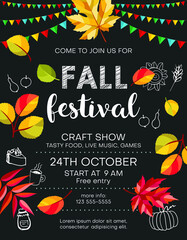 Fall festival announcing poster template with food icons and colorful leaves, black background with decorative details. - 469306773