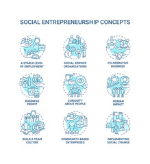 Social entrepreneurship blue concept icons set. Social organizations idea thin line color illustrations. Business development. Charity and support. Vector isolated outline drawings. Editable stroke