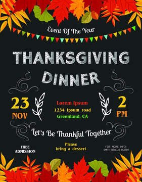 Thanksgiving Dinner Announcing Poster Template With Autumn Foliage And Bunting Flags. Flyer With Black Background And Decorative Details.