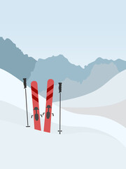 Abstract winter landscape with panoramic mountain view, red ski equipment, trail and blue sky - obrazy, fototapety, plakaty