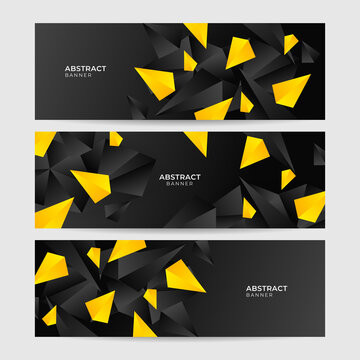 Modern black and yellow abstract wide web banner background with geometric triangle shapes. Vector digital technology futuristic abstract graphic design banner pattern background template.