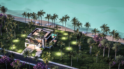 Fototapeta premium 3d rendering of modern cozy house with pool and parking for sale or rent in luxurious style by the sea or ocean. Starlight night by the azure coast with palm trees and flowers in tropical island