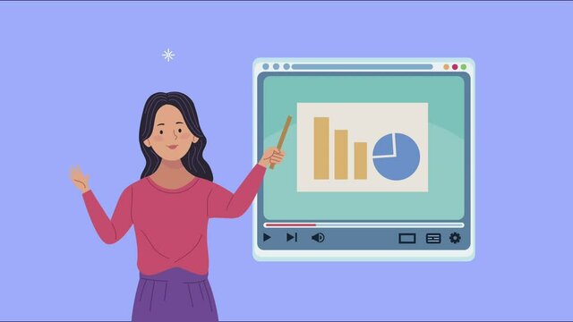 young woman teaching with webpage animation