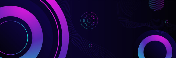 Modern blue purple pink abstract wide web banner background with geometric circle shapes. Vector digital technology futuristic abstract graphic design banner pattern background template.