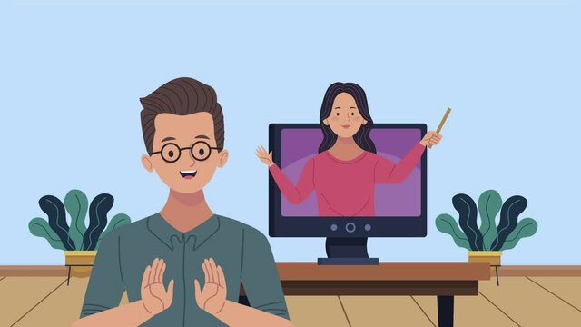 young couple characters with desktop animation