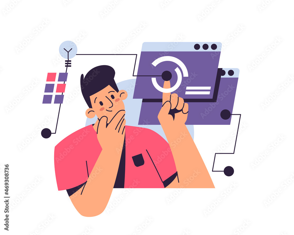 Poster Man solves complex work tasks, thinking about new ideas, data research and business analytics vector illustration. Puzzled male character working with information, analyzing and auditing processes