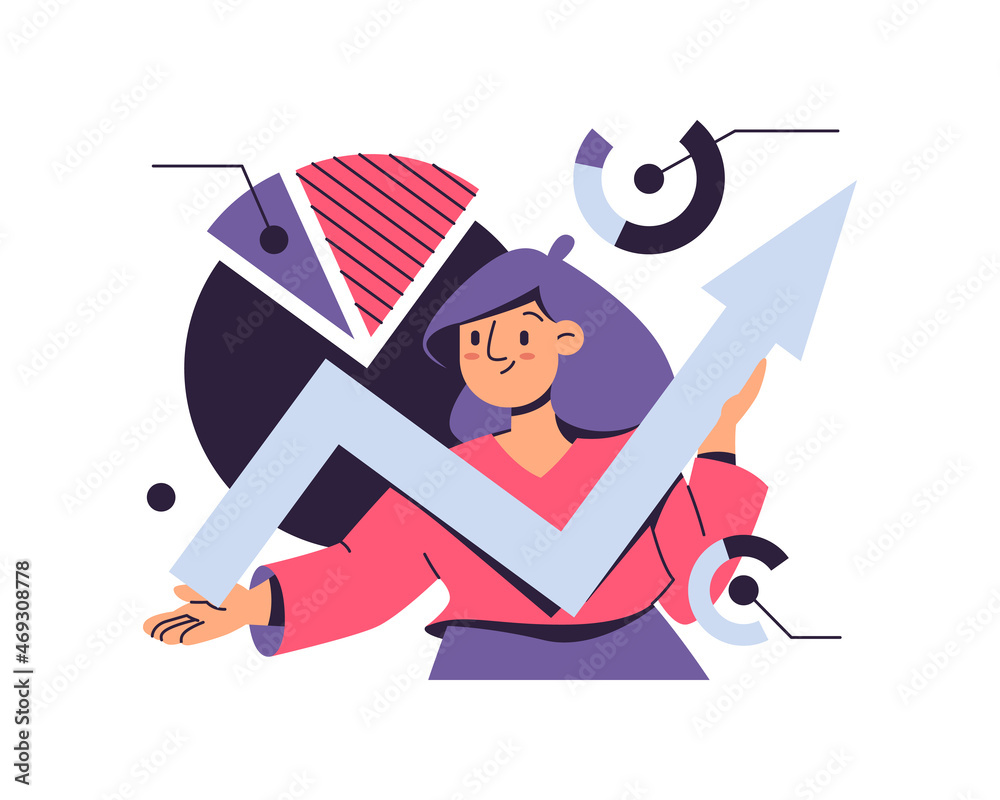 Poster man with arrow going up in hands studying diagrams. vector strategy and business planning, market re