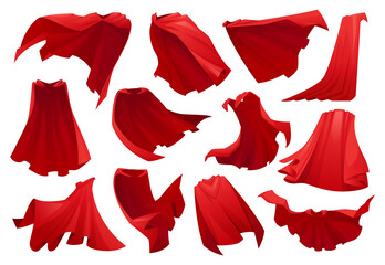 Superhero red cape isolated scarlet fabric silk cloak in different position, front back side view. Vector set of mantle costume, magic cartoon cover. Flowing and flying carnival vampire satin clothes - obrazy, fototapety, plakaty