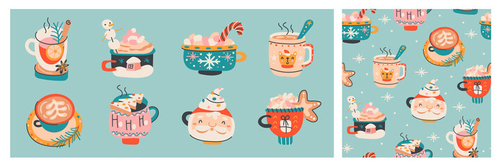  Set of colorful Christmas coffee cup.New year seamless pattern with xmas mugs.Winter warming drinks elements in hand drawn style for textile, fabric, paper, scrapbook, packaging and other prints.
