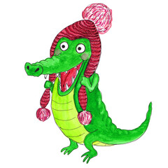 Very emotional little green crocodile in a wine red knitted hat with a big pompom. Funny cartoon character, surprised and delighted, with a broad toothy smile. Hand drawn watercolor illustration.