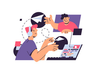 Teamwork, business partnership discussion, video communication, people communicating on video conference. Vector remote work due to coronavirus,men sending paper planes, education or talk on distance