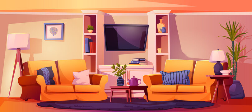 Living room interior vector cartoon illustration. Two comfortable sofas with pillows, TV on wall and bookshelves, table with tea and potted house plants. Lamp and pictures, carpet on floor, table