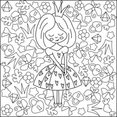 Coloring book for children. Cute princess and doodle illustration. Flat vector illustration for children's books and magazines
