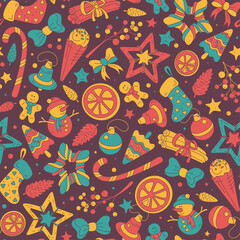 Naklejka premium Seamless pattern with Christmas symbols isolated on purple background. Colorful template of background for holidays. 