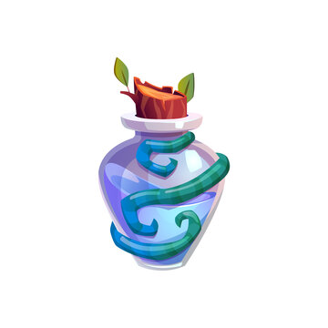 Magic witch potion in bottle with wooden cork tree leaves, warm or snakes around vial. Vector elixir of love, mixture in magical witchcraft poison drink, container of antidote, cartoon witch brewery