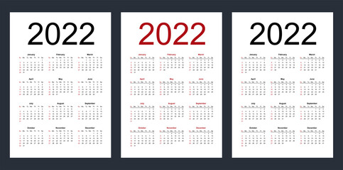 Simple editable vector calendar for year 2022. Week starts from Sunday. Vertical. Isolated vector illustration on white background.