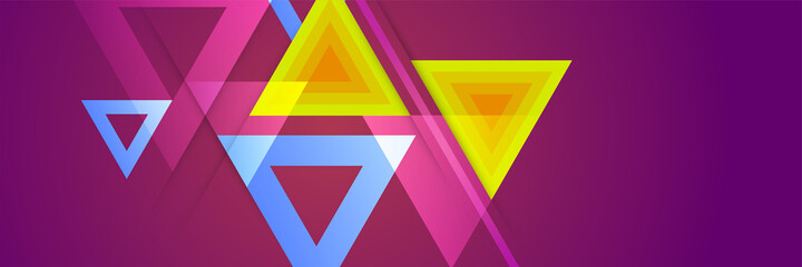 Modern gradient blue yellow red abstract banner background with triangle geometric shapes. Colorful horizontal wide web header banner template. Vector graphic design banner pattern background template