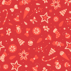 Seamless pattern with Christmas symbols isolated on red background. Colorful template of background for holidays.