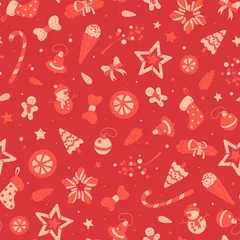 Gordijnen Seamless pattern with Christmas symbols isolated on red background. Colorful template of background for holidays. © Yulia Ogneva