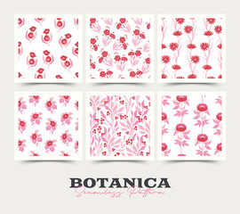 Flowers seamless pattern collection. Pink color. Modern trendy Matisse minimal style.
