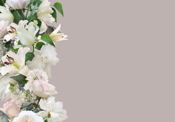 Floral banner, header with copy space. White roses, peony, tulips, lilac and lily isolated on grey background. Natural flowers wallpaper or greeting card.