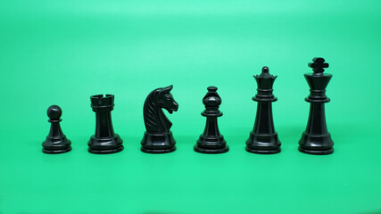 The arrangement of chess pieces ranging from pawns, rooks, knight, bishop, queens, and kings isolated on a green screen.