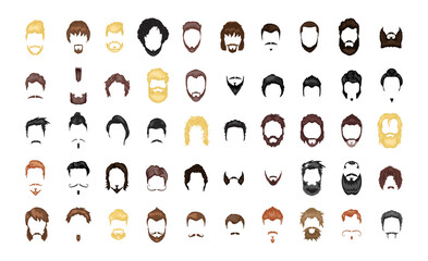 Collection of men's hairstyles and beards for beauty web applications. Wigs for creating different looks. - obrazy, fototapety, plakaty