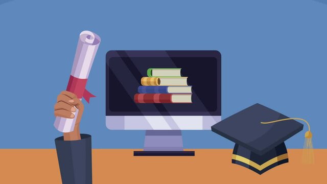 desktop with hat and diploma online graduation