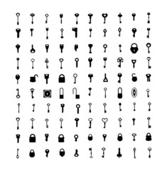 Collection of monochrome icons of keys and locks.