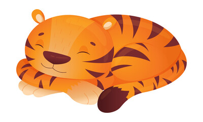 Cute tiger sleeps curled up in a ball isolated on white background. Vector childish illustration of a tiger, concept illustration for nursery, character for children