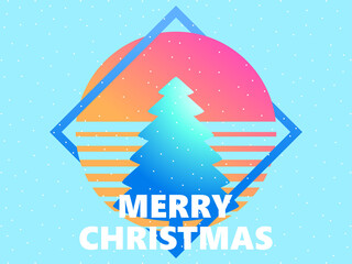 Retro sci-fi 80s Christmas tree at sunset. Retro futuristic sun with fir trees. Merry Christmas greeting card in synthwave and retrowave style. Vector illustration