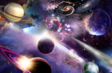 Plakat spazio incredibilmente bello e il suo spazio con stelle, pianeti e asteroid