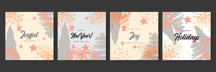 Merry Christmas greeting cards. Trendy square Winter Holidays art templates. New year greeting cards. Suitable for social media post, mobile apps, banner design and web, internet ads.