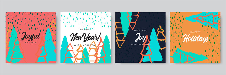 Merry Christmas greeting cards. Trendy square Winter Holidays art templates. New year greeting cards. Suitable for social media post, mobile apps, banner design and web, internet ads.