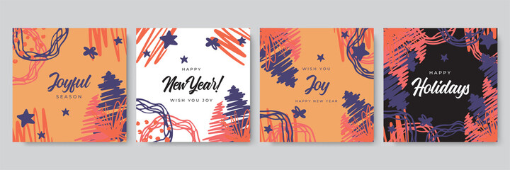 Merry Christmas greeting cards. Trendy square Winter Holidays art templates. New year greeting cards. Suitable for social media post, mobile apps, banner design and web, internet ads.