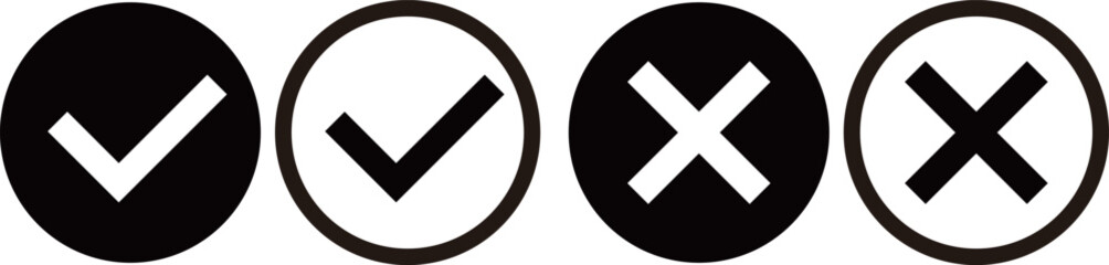 チェックマークとバツマークのアイコンセット。白黒のベクターイメージ。