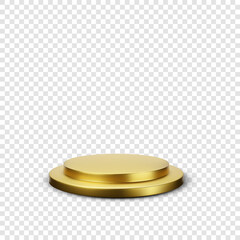 Gold round podium platform isolated on transparent background. Empty stage or studio