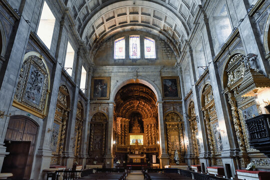 Coimbra &ndash; Portugal, June 04, 2021: Monastery of Santa Clara-a-Nova, Central nave and main altar of the Church, Coimbra, Beira, Portugal